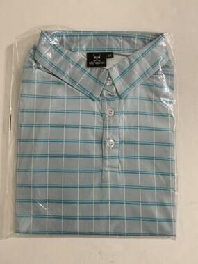 Golf Gentry Men's 2XL Polo Shirt Light Blue Teal Windowpane Plaid Golf Performan